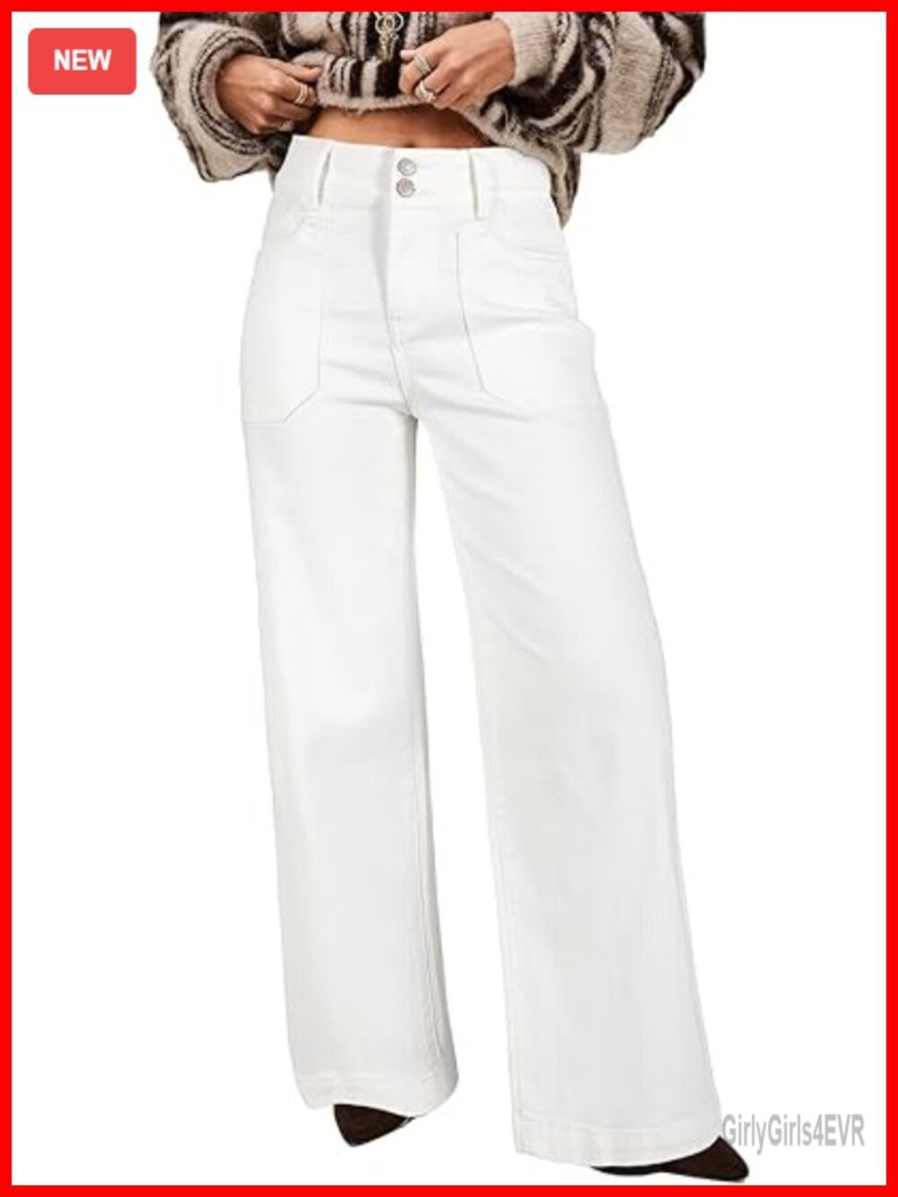 High Waisted Wide Leg Jeans Stretch Denim Double Button Patch Pockets